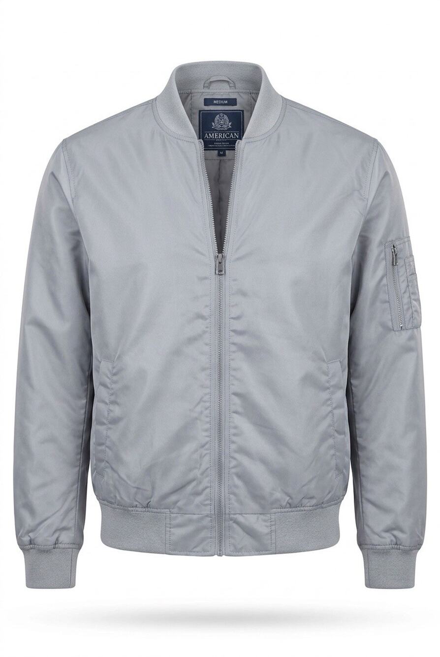 American Rag Light Gray Nylon Bomber Jacket Men's Medium EUC Full Zip Pockets